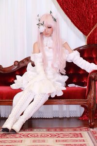 Rating: Safe Score: 0 Tags: 1girl bare_shoulders chair dress gloves kirakishou lace long_hair musical_note pink_hair shoes sitting solo thighhighs white_dress white_legwear User: admin