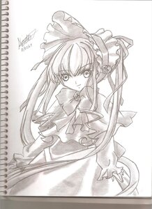 Rating: Safe Score: 0 Tags: 1girl bonnet bow bowtie dress frills image long_hair long_sleeves looking_at_viewer monochrome shinku simple_background smile solo striped traditional_media twintails very_long_hair white_background User: admin