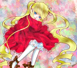 Rating: Safe Score: 0 Tags: 1girl blonde_hair blue_eyes capelet dress flower frills hair_ribbon image long_hair long_sleeves pantyhose ribbon shinku shoes solo twintails very_long_hair white_legwear User: admin