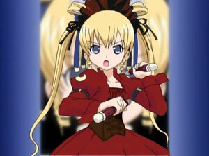 Rating: Safe Score: 0 Tags: 1girl :o blonde_hair blue_eyes blurry dress hair_ribbon holding image long_hair long_sleeves microphone music open_mouth red_dress ribbon shinku singing skirt solo twintails very_long_hair User: admin
