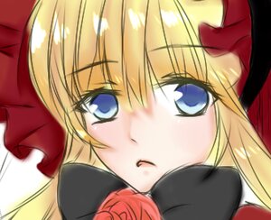 Rating: Safe Score: 0 Tags: 1girl blonde_hair blue_eyes blush bow close-up face flower hat image long_hair looking_at_viewer red_flower red_rose rose shinku simple_background solo User: admin