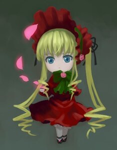 Rating: Safe Score: 0 Tags: 1girl blonde_hair blue_eyes bonnet bow bowtie dress flower full_body green_bow image long_hair long_sleeves looking_at_viewer petals red_dress rose shinku shoes sidelocks simple_background solo standing twintails User: admin