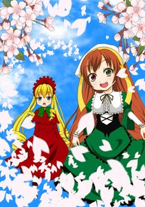 Rating: Safe Score: 0 Tags: 2girls :d blonde_hair blue_eyes blue_sky bonnet brown_hair bug butterfly cherry_blossoms cloud day dress flower green_dress heterochromia image insect long_hair long_sleeves looking_at_viewer multiple_girls open_mouth outdoors pair petals red_dress red_eyes shinku sky smile suiseiseki very_long_hair User: admin