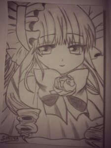 Rating: Safe Score: 0 Tags: 1girl auto_tagged bangs drill_hair eyebrows_visible_through_hair flower image long_hair looking_at_viewer monochrome ringlets rose shinku solo traditional_media twin_drills User: admin