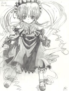 Rating: Safe Score: 0 Tags: 1girl bonnet bow bowtie dress frills full_body greyscale hat image long_hair long_sleeves looking_at_viewer monochrome shinku signature solo standing traditional_media twintails very_long_hair white_background User: admin