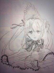 Rating: Safe Score: 0 Tags: 1girl bowtie dress hairband image lolita_fashion long_hair long_sleeves looking_at_viewer monochrome shinku sketch solo traditional_media twintails umbrella upper_body User: admin