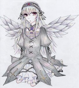 Rating: Safe Score: 0 Tags: 1girl cross dress frills hairband image long_hair long_sleeves looking_at_viewer pink_eyes ribbon solo suigintou traditional_media wings User: admin