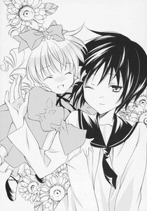 Rating: Safe Score: 0 Tags: 2girls blush bow closed_eyes doujinshi doujinshi_#38 dress drill_hair flower greyscale hair_bow image long_sleeves monochrome multiple multiple_girls one_eye_closed open_mouth school_uniform short_hair smile sunflower traditional_media User: admin