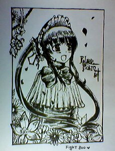 Rating: Safe Score: 0 Tags: 1girl :d border dress flower image leaf long_hair long_sleeves looking_at_viewer monochrome open_mouth photo shikishi shinku smile solo traditional_media User: admin