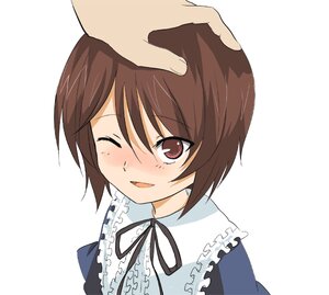 Rating: Safe Score: 0 Tags: 1girl bad_id bad_pixiv_id blush brown_hair frilled_shirt_collar frills hand_on_another's_head headpat ica image long_sleeves one_eye_closed open_mouth out_of_frame ribbon rozen_maiden short_hair simple_background smile solo solo_focus souseiseki striped upper_body white_background User: admin