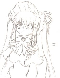 Rating: Safe Score: 0 Tags: 1girl dress greyscale hair_ribbon image long_hair long_sleeves looking_at_viewer monochrome ribbon shinku simple_background solo upper_body white_background User: admin