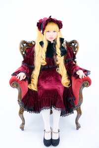 Rating: Safe Score: 0 Tags: 1girl bangs blonde_hair blue_eyes chair dress full_body lace long_hair red_dress shinku shoes sitting solo striped User: admin