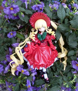 Rating: Safe Score: 0 Tags: 1girl blonde_hair blue_eyes bonnet bow bowtie doll dress flower hydrangea leaf long_hair long_sleeves looking_at_viewer mary_janes purple_flower red_dress shinku shoes solo twintails very_long_hair white_legwear User: admin