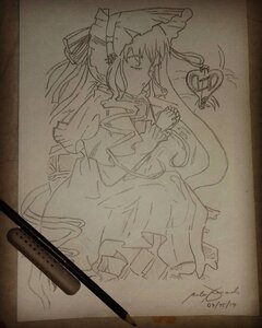 Rating: Safe Score: 0 Tags: 2girls dated dress greyscale image long_hair long_sleeves monochrome multiple_girls photo shinku signature sketch solo traditional_media User: admin