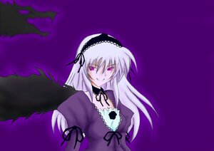 Rating: Safe Score: 0 Tags: 1girl black_ribbon black_wings detached_collar dress frills grin hairband image long_hair long_sleeves looking_at_viewer pink_eyes puffy_sleeves purple_background ribbon simple_background smile solo suigintou upper_body wings User: admin