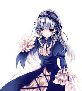 Rating: Safe Score: 0 Tags: 1girl dress eyebrows_visible_through_hair flower frilled_sleeves frills hairband image juliet_sleeves long_hair long_sleeves looking_at_viewer puffy_sleeves red_eyes ribbon rose silver_hair simple_background smile solo suigintou white_background User: admin