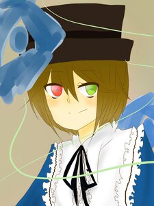 Rating: Safe Score: 0 Tags: 1boy black_ribbon blush closed_mouth frills green_eyes hat heterochromia image looking_at_viewer neck_ribbon red_eyes ribbon short_hair simple_background solo souseiseki User: admin