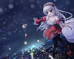 Rating: Safe Score: 0 Tags: 1girl asa_(swallowtail) bangs bare_shoulders black_legwear cityscape commentary_request detached_sleeves dress eyebrows_visible_through_hair frills garter_straps gift hair_between_eyes hair_ornament hairband image long_hair night open_mouth photoshop_(medium) red_eyes rozen_maiden sack santa_costume silver_hair smile solo suigintou thighhighs User: admin
