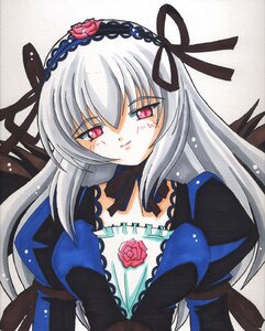 Rating: Safe Score: 3 Tags: 1girl dress flower frills hairband image juliet_sleeves long_hair long_sleeves looking_at_viewer marker_(medium) pink_eyes puffy_sleeves rose silver_hair smile solo suigintou traditional_media upper_body white_background wings User: admin