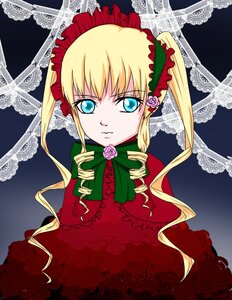 Rating: Safe Score: 0 Tags: 1girl blonde_hair blue_background blue_eyes bonnet bow dress drill_hair flower green_bow image long_hair looking_at_viewer pink_flower pink_rose red_flower red_rose rose shinku sidelocks solo twintails User: admin