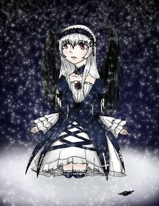 Rating: Safe Score: 0 Tags: 1girl black_wings choker dress frills hairband image long_hair long_sleeves silver_hair sky snowing solo star_(sky) starry_sky suigintou wings User: admin