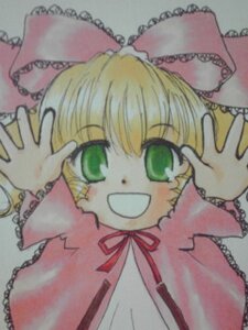 Rating: Safe Score: 0 Tags: 1girl bangs blonde_hair bow dress frills green_eyes grin hair_bow hina_ichigo hinaichigo image long_sleeves looking_at_viewer marker_(medium) photo ribbon simple_background smile solo traditional_media upper_body User: admin