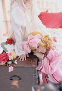 Rating: Safe Score: 0 Tags: 1girl blonde_hair blurry blurry_foreground bow chair depth_of_field dress flower hair_bow hinaichigo long_sleeves petals photo pink_bow pink_dress pink_flower pink_rose profile rose sitting solo vase User: admin