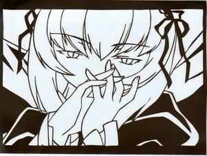 Rating: Safe Score: 0 Tags: 1girl bat_wings black_border border hair_ribbon image looking_at_viewer monochrome open_mouth ribbon shikishi solo suigintou wings User: admin