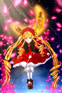 Rating: Safe Score: 0 Tags: 1girl blonde_hair blue_eyes bow bowtie dress drill_hair flying frills image long_hair long_sleeves petals red_dress shinku shoes solo standing twintails very_long_hair wings User: admin