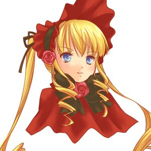 Rating: Safe Score: 0 Tags: 1girl blonde_hair blue_eyes bonnet bow capelet drill_hair flower image long_hair looking_at_viewer pink_flower pink_rose red_capelet red_flower rose shinku sidelocks simple_background solo striped striped_background twintails upper_body white_background User: admin