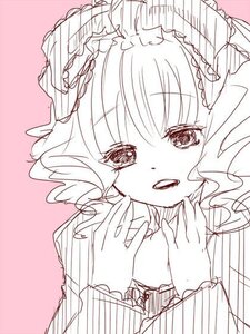 Rating: Safe Score: 0 Tags: 1girl blush frills hairband hinaichigo image lolita_fashion long_sleeves looking_at_viewer monochrome open_mouth own_hands_together pink_background pink_theme simple_background sketch solo upper_body User: admin