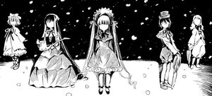 Rating: Safe Score: 0 Tags: 1boy boots bow dress greyscale hat image long_hair long_sleeves monochrome multiple multiple_girls petals shinku short_hair snow snowing standing tagme twintails very_long_hair User: admin