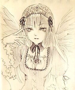 Rating: Safe Score: 0 Tags: 1girl closed_mouth detached_collar dress feathered_wings flower frills hairband image long_hair long_sleeves looking_at_viewer monochrome rose solo suigintou traditional_media upper_body wings User: admin