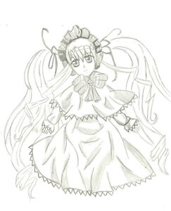 Rating: Safe Score: 0 Tags: 1girl bow bowtie capelet dress greyscale image long_hair long_sleeves looking_at_viewer monochrome shinku simple_background solo twintails very_long_hair white_background User: admin