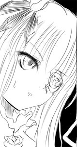 Rating: Safe Score: 0 Tags: 1girl barasuishou blush eyebrows_visible_through_hair flower greyscale image looking_at_viewer monochrome rose simple_background solo sweat white_background User: admin
