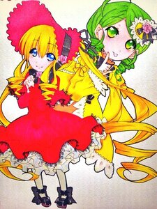 Rating: Safe Score: 0 Tags: 2girls blonde_hair blue_eyes blush bonnet bow bowtie dress drill_hair flower frills green_eyes green_hair hat image kanaria long_hair multiple_girls pair red_dress shinku tongue tongue_out traditional_media twin_drills twintails User: admin