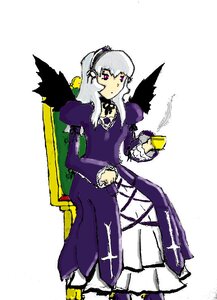 Rating: Safe Score: 0 Tags: 1girl black_wings chair cup dress frills full_body image long_hair long_sleeves looking_at_viewer purple_eyes simple_background solo standing suigintou white_background wings User: admin