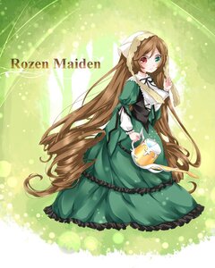Rating: Safe Score: 0 Tags: 1girl brown_hair dress drill_hair frills green_background green_dress green_eyes head_scarf heterochromia image long_hair long_sleeves looking_at_viewer red_eyes solo suiseiseki twin_drills very_long_hair watering_can User: admin