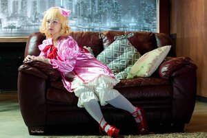 Rating: Safe Score: 0 Tags: 1girl artist_name bangs blonde_hair blue_eyes bow chair couch dress drill_hair frills hair_bow hinaichigo indoors long_hair looking_at_viewer pink_dress realistic red_footwear sitting solo User: admin