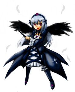 Rating: Safe Score: 0 Tags: 1girl :d black_feathers black_wings blurry dress feathered_wings feathers flower frills full_body hairband image long_hair long_sleeves looking_at_viewer motion_blur open_mouth rose simple_background smile solo standing suigintou white_background wings User: admin