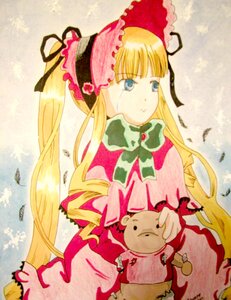 Rating: Safe Score: 0 Tags: 1girl bangs bird blonde_hair blue_eyes bonnet bow dress feathers green_bow image long_hair long_sleeves red_dress ribbon shinku solo tears traditional_media very_long_hair User: admin