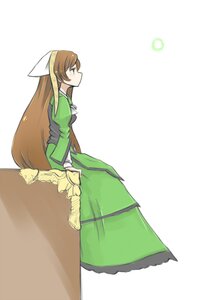Rating: Safe Score: 0 Tags: 1girl apron brown_hair dress from_side green_dress green_eyes image long_hair long_sleeves profile sitting solo suiseiseki very_long_hair white_apron white_background User: admin