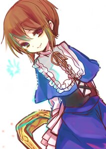 Rating: Safe Score: 0 Tags: 1girl brown_hair capelet dress image looking_at_viewer multicolored_hair ribbon short_hair smile solo souseiseki white_background User: admin