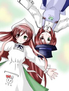 Rating: Safe Score: 0 Tags: apron blush brown_hair dress green_dress green_eyes hat head_scarf heterochromia image long_hair long_sleeves multiple_girls outstretched_arms pair red_eyes siblings sisters souseiseki suiseiseki top_hat twins very_long_hair watering_can User: admin