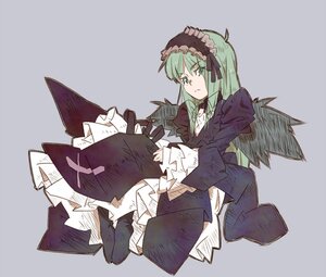 Rating: Safe Score: 0 Tags: 1girl black_dress closed_mouth dress frills gothic_lolita green_eyes green_hair hairband image lolita_fashion lolita_hairband long_hair long_sleeves simple_background sitting solo striped suigintou wide_sleeves User: admin
