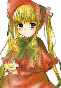 Rating: Safe Score: 0 Tags: 1girl blonde_hair blue_eyes blush bonnet bow bowtie capelet cup dress green_bow green_neckwear holding holding_cup image long_hair long_sleeves looking_at_viewer shinku sidelocks simple_background solo twintails upper_body white_background User: admin