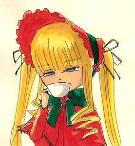 Rating: Safe Score: 0 Tags: 1girl bangs blonde_hair blue_eyes bonnet bow bowtie cup dress drill_hair frills image long_hair long_sleeves red_dress ribbon shinku sidelocks simple_background solo teacup upper_body yellow_background User: admin