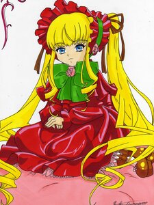 Rating: Safe Score: 0 Tags: 1girl auto_tagged bangs blonde_hair blue_eyes bonnet bow bowtie dress flower full_body green_bow image long_hair long_sleeves looking_at_viewer red_dress rose shinku sidelocks signature sitting solo twintails very_long_hair User: admin