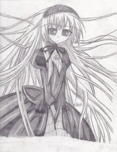 Rating: Safe Score: 0 Tags: 1girl auto_tagged dress frills greyscale hairband image lolita_hairband long_hair long_sleeves looking_at_viewer monochrome ribbon simple_background solo suigintou traditional_media very_long_hair white_background User: admin