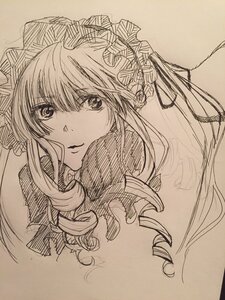 Rating: Safe Score: 0 Tags: 1girl blush bonnet drill_hair eyebrows_visible_through_hair hairband image long_hair looking_at_viewer monochrome ringlets shinku simple_background solo traditional_media twin_drills User: admin